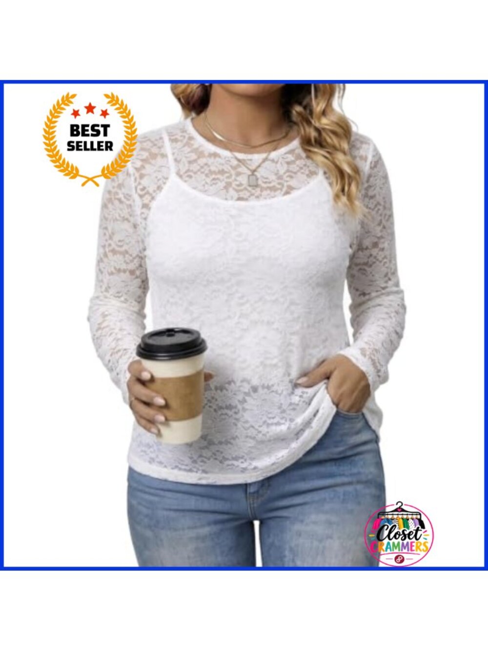 Plus Size Lace Top with Cami Long Sleeve Floral Lace Blouse